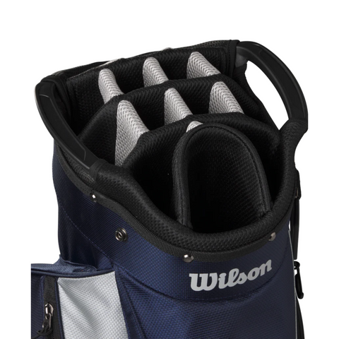 A close-up of the Wilson 2025 Feather Cart Bag in navy blue, highlighting its padded club dividers and convenient top handle for easy carrying.
