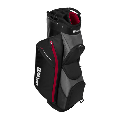 The Wilson 2025 Feather Cart Bag by Wilson is a black and gray lightweight cart bag, featuring multiple zippered pockets, a red accent zipper, and the white Wilson logo on the side—perfect for easy transport.