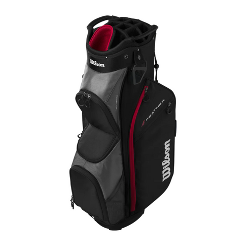 The Wilson 2025 Feather Cart Bag is a lightweight black and gray golf bag with a red interior, multiple zippered pockets, top handle, dividers for club organization, and white Wilson branding on the side.