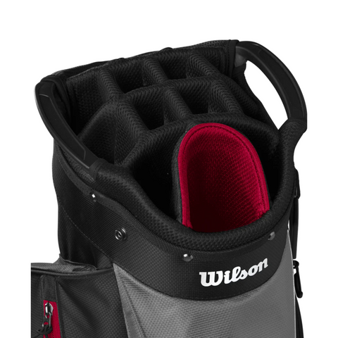 A close-up of the Wilson 2025 Feather Cart Bag shows its multiple padded club compartments, red divider, and black-gray exterior. This lightweight Wilson cart bag offers easy transport and stylish organization on the golf course.