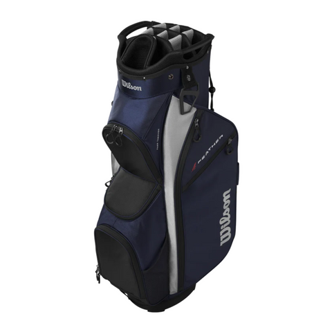 The Wilson 2025 Feather Cart Bag is a navy blue and black lightweight cart bag with multiple zippered pockets, a padded top for club protection, and features the Wilson logo in white—ideal for any golf cart bag setup.