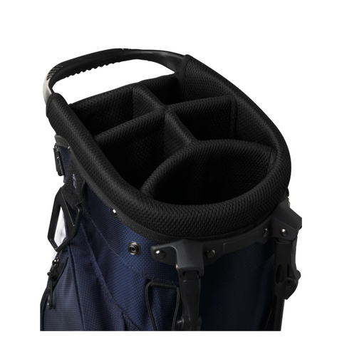 A close-up of the Wilson 2025 Feather Stand Bag displays five padded club dividers and a sturdy handle. This ultra-lightweight stand bag for walkers features a dark blue design with black accents and visible stitching.