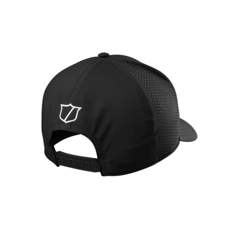 The Wilson 2025 Golf Performance Cap in black features a snapback, white embroidered logo above the adjustable strap, and perforated mesh side panels for lightweight breathability.