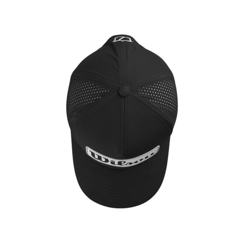 The Wilson 2025 Golf Performance Cap, shown from above, features side vented mesh for breathability and a rectangular white Wilson logo on the front brim.