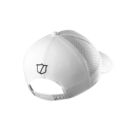The Wilson 2025 Golf Performance Cap, shown from the back, features white breathable mesh panels, an adjustable snapback closure, and a small black shield logo embroidered above the opening.