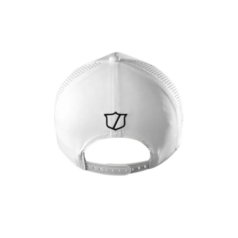 The Wilson 2025 Golf Performance Cap is a white snapback shown from the back, with a small black embroidered shield logo above the adjustable strap. Mesh back panels offer ventilation, making this Wilson cap perfect for all-day comfort on the golf course.