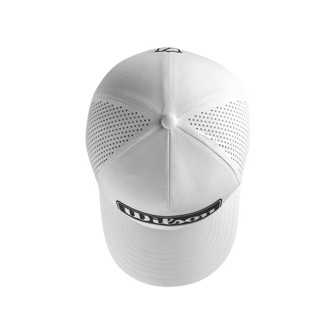 Top view of the Wilson 2025 Golf Performance Cap in white, featuring mesh-style side perforations for breathability and a lightweight feel, with a visible Wilson logo patch on the front. The cap is displayed on a plain white background.