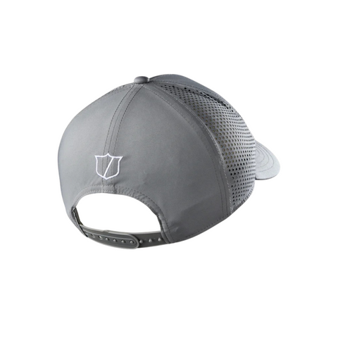 The Wilson 2025 Golf Performance Cap by Wilson is a lightweight, breathable cap featuring a perforated mesh back, adjustable snap closure, and a small white embroidered shield logo above the opening.