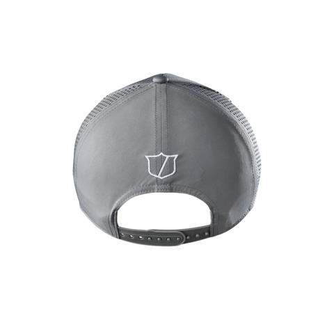 The Wilson 2025 Golf Performance Cap, shown from the rear in gray mesh, features an adjustable snap closure and a small white embroidered shield logo above the opening—making it a lightweight, breathable choice for golfers.