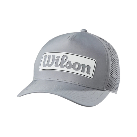 The Wilson 2025 Golf Performance Cap is a gray, lightweight, and breathable cap with a curved brim, mesh back, and a white front patch featuring Wilson in gray letters.