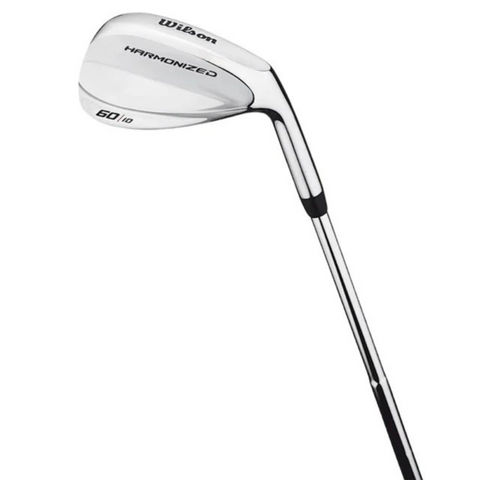 The Wilson 2025 Harmonized Wedge is a silver golf club with 60° marked on the head and a black grip, designed for superior spin control, shown against a white background.