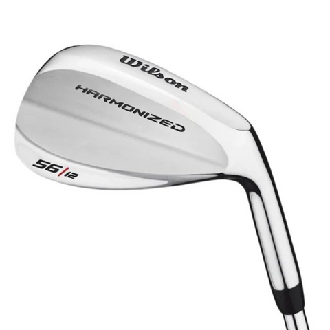 The Wilson 2025 Harmonized Wedge, a silver golf wedge from Wilson with 56/12 on the clubhead, boasts a polished finish and reflective steel shaft designed for enhanced spin control.