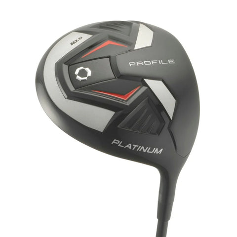 A close-up of the Wilson 2025 Mens Profile Platinum Package Set driver in black and silver with red accents and a 10.5° label, ideal for beginners seeking quality golf clubs from Wilson.