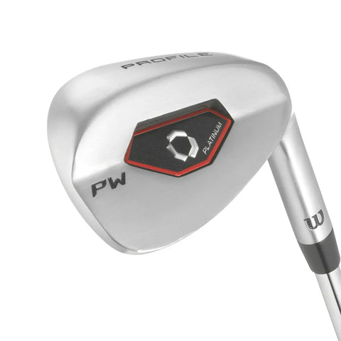 A close-up of a silver Wilson pitching wedge (PW) from the 2025 Mens Profile Platinum Package Set, featuring black and red detailing—ideal for golfers seeking quality beginner clubs from Wilson.