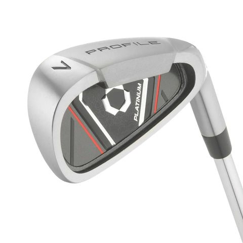Close-up of a silver Wilson 2025 Mens Profile Platinum Package Set iron club head with PROFILE and PLATINUM text, featuring a geometric black, red, and silver design. The partially visible shaft highlights this Wilson club—perfect for beginners.