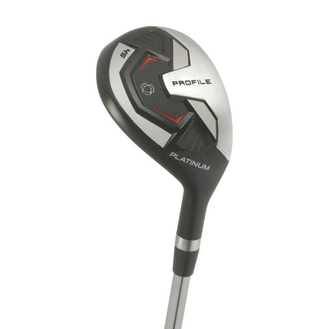 A close-up of a Wilson 2025 Mens Profile Platinum Package Set golf club, showing a metallic black, silver, and red club head with visible PLATINUM and PROFILE branding from the Wilson brand.