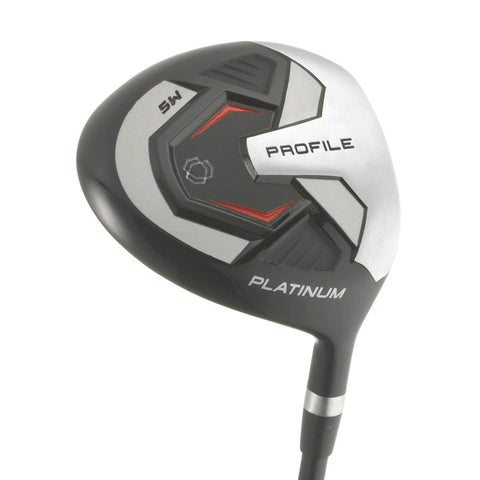A close-up of the Wilson 2025 Mens Profile Platinum Package Set driver head features “PROFILE” and “PLATINUM” on a sleek silver and black design with red accents and a “5W” marking—perfect for new golfers seeking quality from Wilson.
