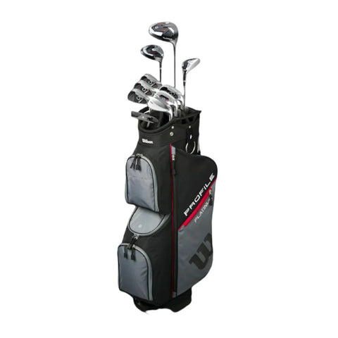The Wilson 2025 Mens Profile Platinum Package Set by Wilson is ideal for beginners, featuring a black and gray bag with red accents, multiple pockets, and clubs organized visibly at the top.