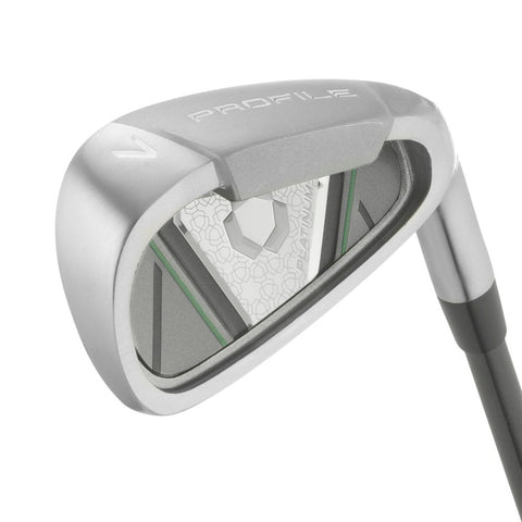 A close-up of the Wilson 2025 Ladies Profile Platinum Package Set iron shows PROFILE on the back with a green-accented geometric design. This women’s club by Wilson features lightweight graphite shafts and a sleek, modern look.