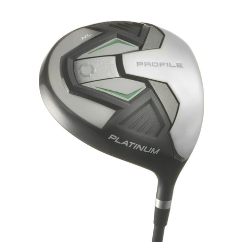 A close-up of the Wilson 2025 Ladies Profile Platinum driver head, showcasing a sleek silver and black design with geometric patterns and green accents—ideal for women’s golf clubs featuring lightweight graphite shafts.