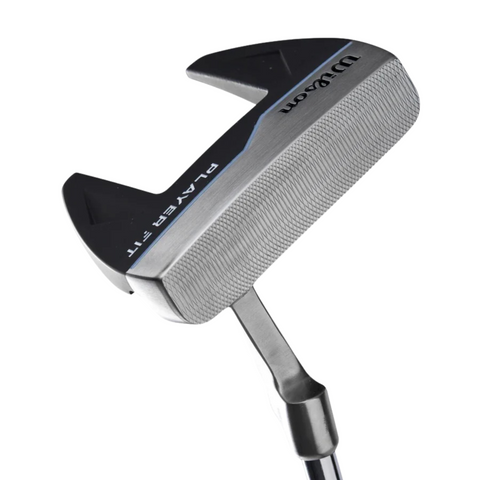 A close-up of a Wilson 2025 Women’s PlayerFit Golf Package Set putter with a milled face, black and silver design, and “PLAYER FIT” engraved on the top—part of Wilson’s lightweight women’s golf clubs.