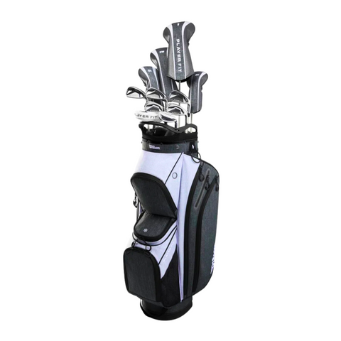 The Wilson 2025 Women’s PlayerFit Golf Package Set includes a complete club set with covers in a black and gray Wilson golf bag featuring multiple zippered compartments, shown on a white background.