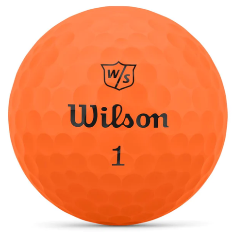 The Wilson Duo Soft Golf Ball - Orange - Prior Generation by Wilson features a dimpled, high-visibility orange surface, the Wilson logo in black, and the number 1, offering a soft feel and performance.