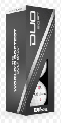 A black and silver box of Wilson Duo Soft Golf Balls - Prior Generation by Wilson is shown, labeled The World’s Softest Golf Ball, with a partially visible white ball inside—perfect for golfers seeking a soft feel and straighter shots.