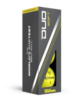 A box of Wilson Duo Soft Golf Balls - Yellow - Prior Generation by Wilson, labeled WORLDS SOFTEST GOLF BALL, with a transparent window displaying two yellow balls marked Wilson 1.