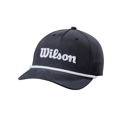 The Wilson Golf Rope Cap by Wilson features a dark navy design, white Wilson embroidery on the front, and a white rope above the brim—a stylish retro golf hat for any course.