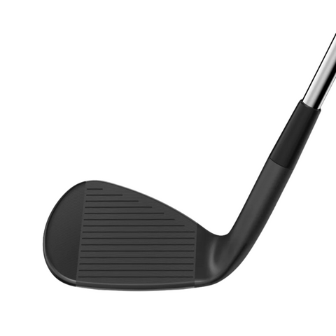 Close-up of the Wilson Infinite Wedge by Wilson, a black golf club iron with precision milled grooves and an angled shaft, designed for enhanced high spin performance against a white background.