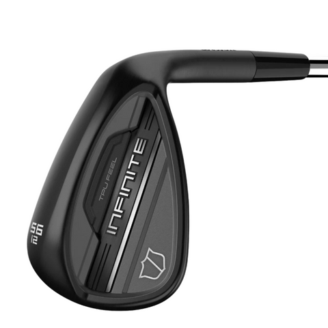 Close-up of the Wilson Infinite Wedge by Wilson, featuring INFINITE and TRU FEEL on its matte black face. Precision-milled grooves offer high spin, and the 56° loft is marked in white near the heel.