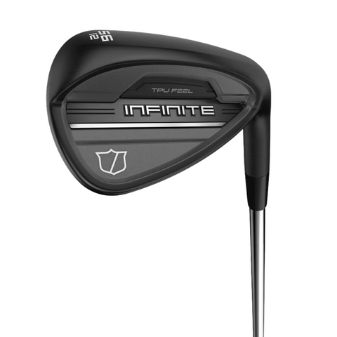 A close-up of the Wilson Infinite Wedge by Wilson shows its club head labeled INFINITE, 56°, and TPU FEEL, featuring high spin precision milled grooves, a silver shaft, and a shield logo on a gray background.