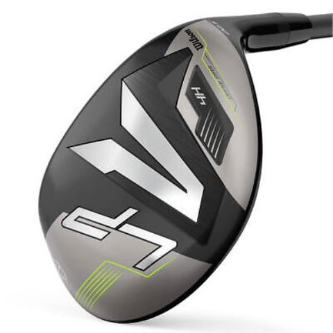 Close-up of a Wilson Launch Pad 2 Men’s Graphite Combo Iron Set club head, showcasing its black, silver, and neon yellow design with geometric patterns and HL label—ideal for golfers seeking forgiving hybrids.
