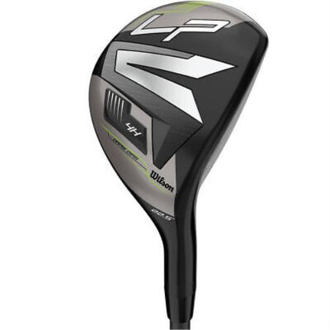 A close-up of the Wilson Launch Pad 2 Mens Graphite Combo Iron Set highlights the 4H hybrid head with bold black, silver, and green graphics and visible LP branding—showcasing its forgiving design from this Wilson iron set.