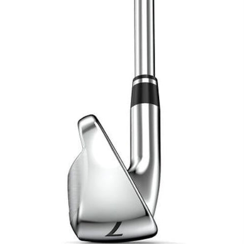 A close-up of a shiny Wilson Launch Pad 2 Mens Graphite Combo Iron Set clubhead, featuring the number 7, part of the set that includes 4H, 5H, and irons from 6–PW plus GW—ideal for golfers wanting forgiving performance.
