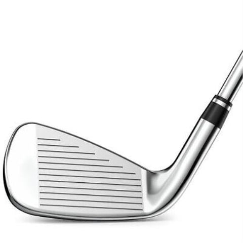 Close-up of a shiny Wilson Launch Pad 2 Mens Graphite Combo Iron Set (4H, 5H, 6–PW + GW) club head by Wilson, featuring the grooved face and part of the shaft against a plain white background.