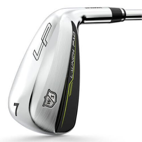 A close-up of a shiny silver Wilson Launch Pad 2 mens graphite combo iron set (4H, 5H, 6–PW + GW) shows the Wilson shield logo and Launch Pad branding with black and yellow accents—designed for forgiveness and featuring hybrids.