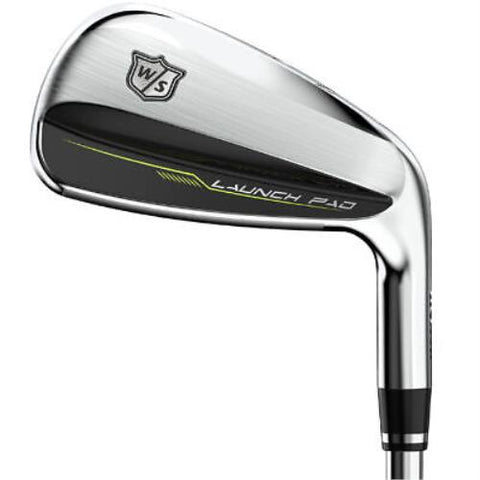 The Wilson Launch Pad 2 Mens Graphite Combo Iron Set (4H, 5H, 6–PW + GW) by Wilson features forgiving hybrids and distinctive black and yellow accents near the bottom of the club head.