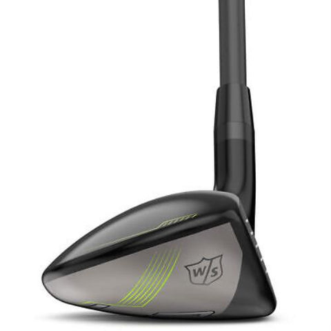 Close-up of the Wilson Launch Pad 2 Mens Graphite Combo Iron Set club head in black and silver with green accents and a WS logo, known for its forgiving hybrids. Set includes 4H, 5H, and 6–PW + GW. Brand: Wilson.
