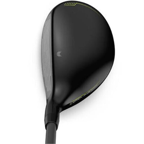 A close-up of the Wilson Launch Pad 2 Mens Graphite Combo Iron Set club head shows its matte black finish, subtle white alignment lines, and yellow accents—perfect for golfers wanting forgiving hybrids.