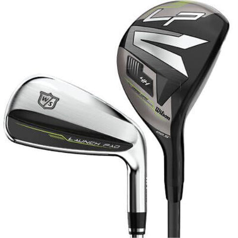 The Wilson Launch Pad 2 Mens Graphite Combo Iron Set (4H, 5H, 6–PW + GW) by Wilson is shown in black and silver with the Wilson and Launch Pad logos, featuring forgiving hybrids against a white background.