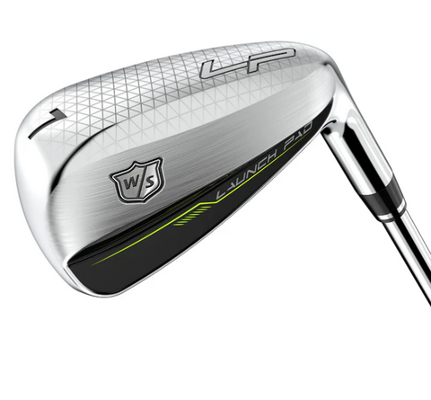 Close-up of a Wilson Launch Pad 2 Womens Package Hybrid/Iron Set club, showcasing the silver clubhead with textured pattern, LP branding, WS shield logo, and black and yellow accents near the bottom.