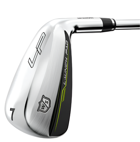 A close-up of the silver Wilson Launch Pad 2 Womens Package Hybrid/Iron Set head with Wilson Staff logo, LP and 7 markings, plus green accents—ideal for golfers seeking a forgiving set from Wilson.