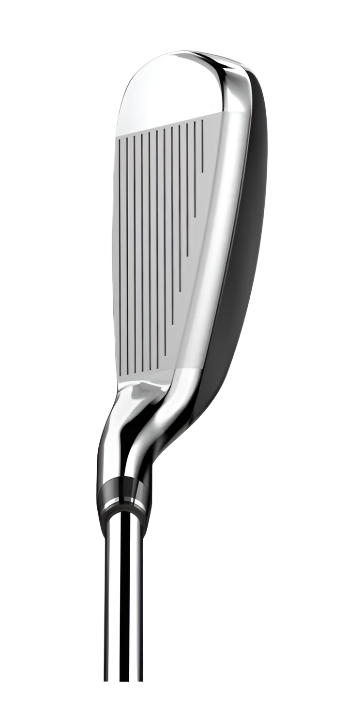A close-up of the Wilson Launch Pad 2 Womens Package Hybrid/Iron Set (5H, 6-PW+GW+SW) by Wilson, featuring its metallic head and grooved face—perfect for golfers seeking a forgiving, versatile set.