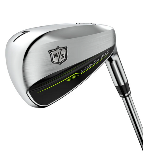 A close-up of the shiny silver Wilson Launch Pad 2 Womens Package Hybrid/Iron Set (5H, 6-PW+GW+SW) features black and neon green accents, highlighting this forgiving golf set designed for women.