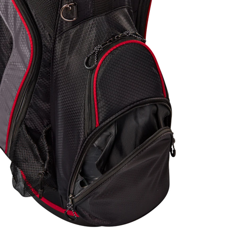 A close-up of the Wilson Lite Carry Bag in black, charcoal, and red by Wilson, showing its padded double straps, textured fabric, shiny-lined front pocket, and multiple zippered compartments.