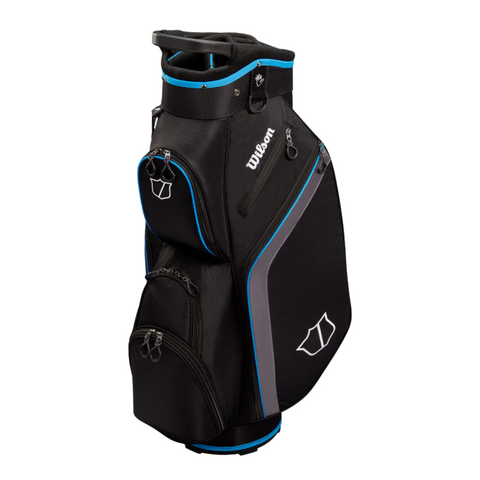The Wilson Lite Cart Bag in Black/Charcoal/Blue features a lightweight design, 14-way top dividers, multiple zippered pockets, and a top handle—ideal for organizing your golf gear. Brand: Wilson.