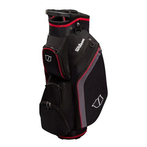 The Wilson Lite Cart Bag in Black/Charcoal/Red features multiple zippered pockets and the Wilson logo, making it a stylish and practical lightweight golf cart bag.