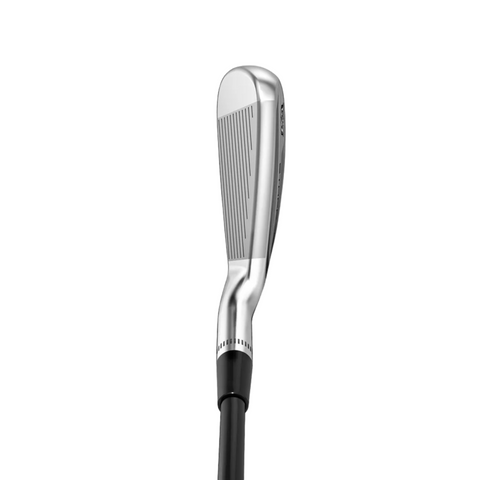 A close-up of the Wilson Men's Staff Model Utility Irons | Prior Generation by Wilson, featuring its forged face grooves and detailing, displayed against a plain white background.